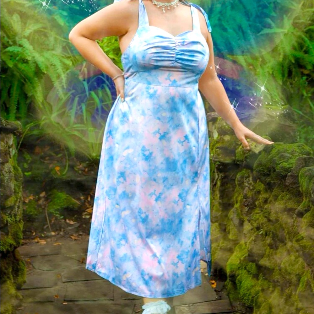 Plus Tie Dye Ruched Tie Shoulder Split Dress